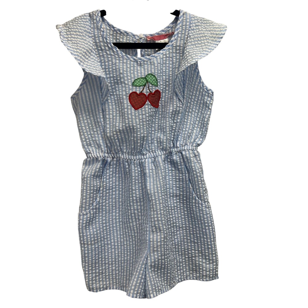 VTG Y2K 2 hip Kids Girls Blue Striped Seersucker Cherry Ruffle Romper Size 6X